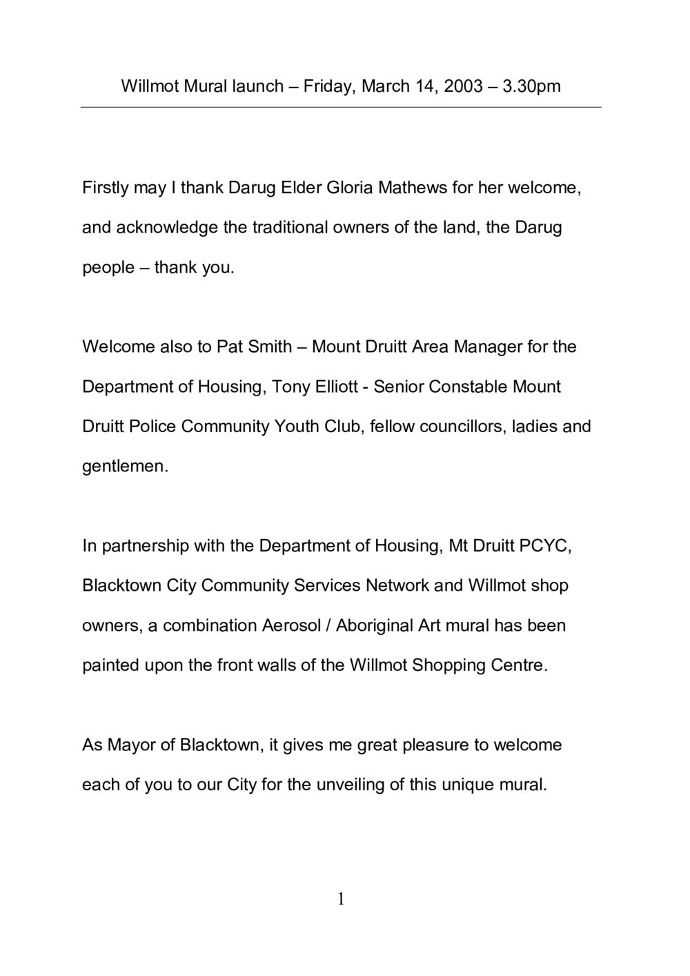 Wilmot Mural launch, 2003