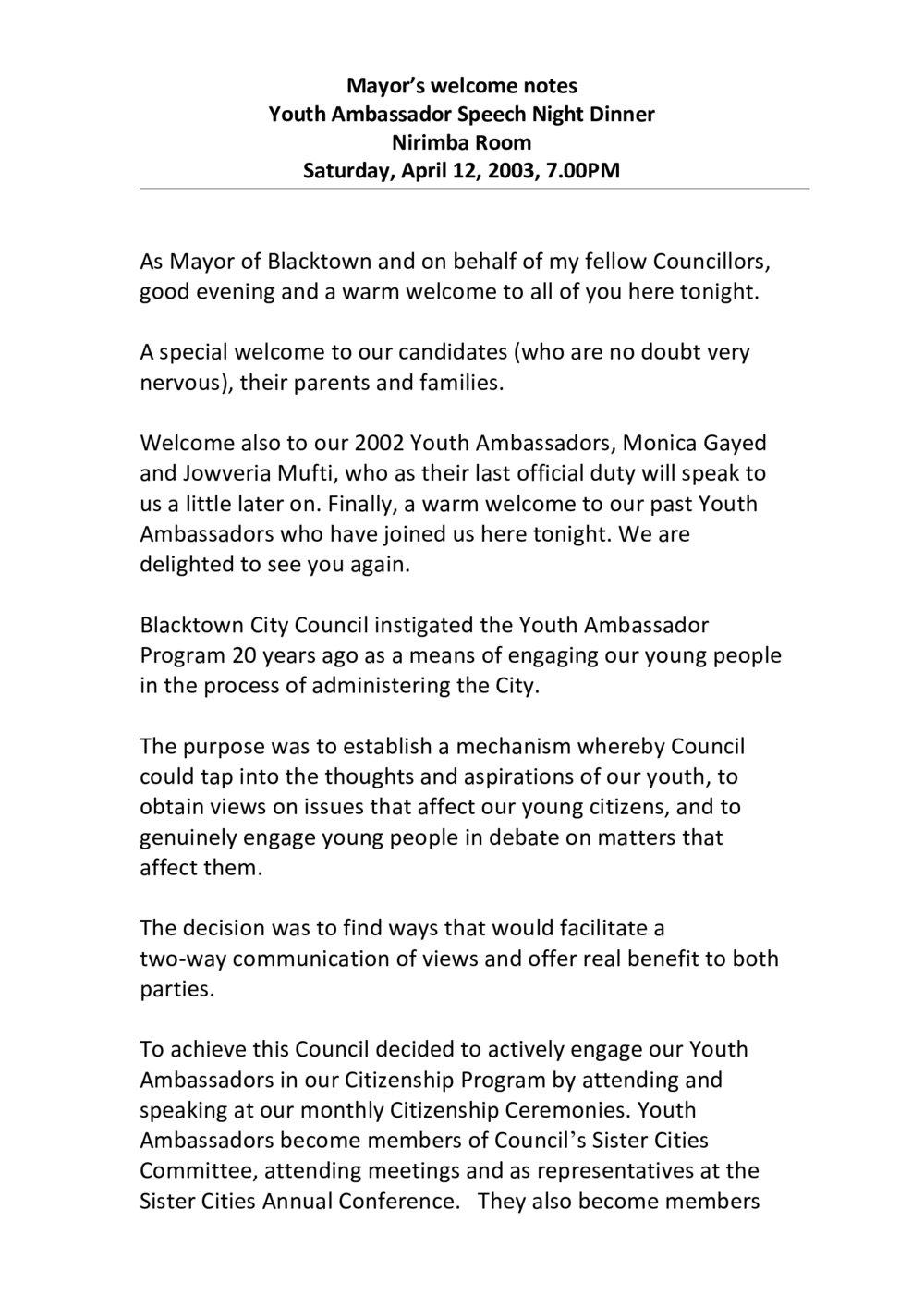 Blacktown City Youth Ambassadors, 2003 