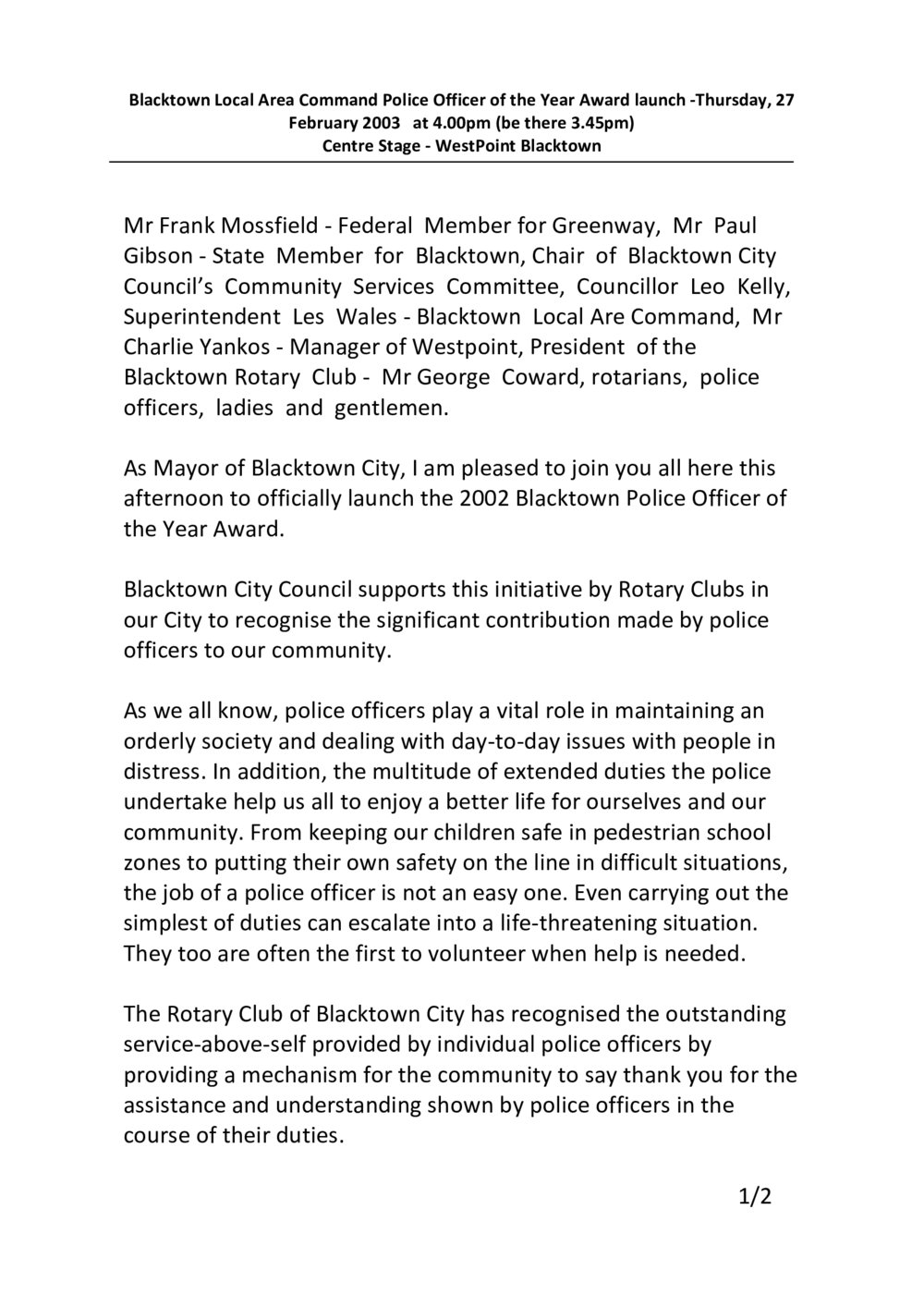 Police Officer of the Year Award launch, 2002