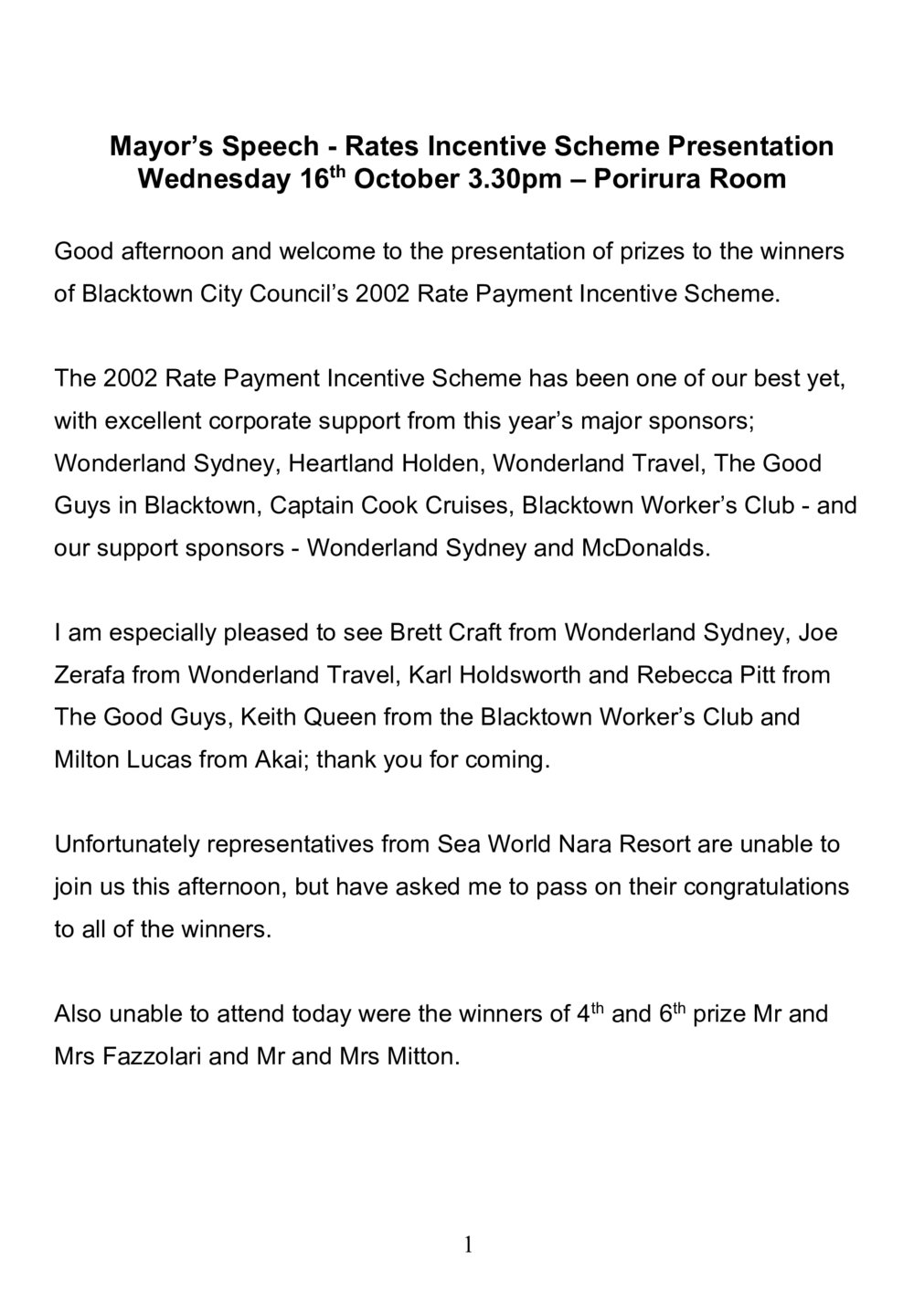 Blacktown City Council's Rate Incentive Scheme winner, 2002