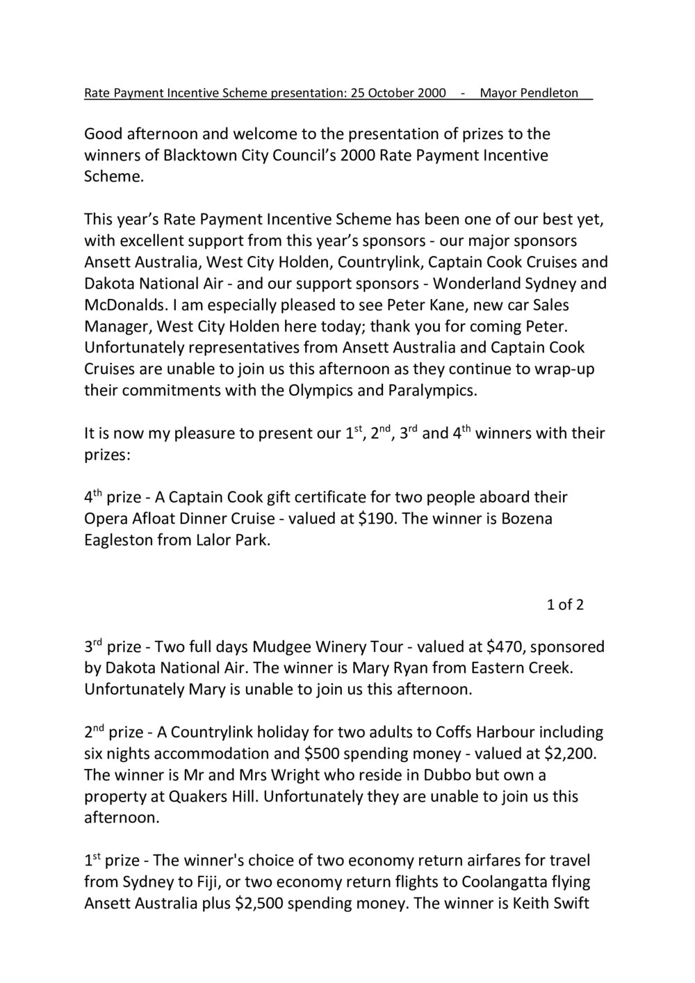 Blacktown City Council's Rate Incentive Scheme winner, 2000