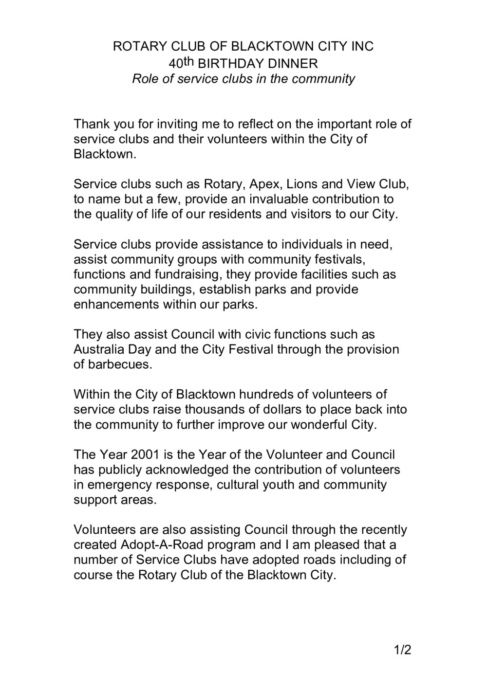 Rotary Club of Blacktown City Inc 40th Birthday, 2001