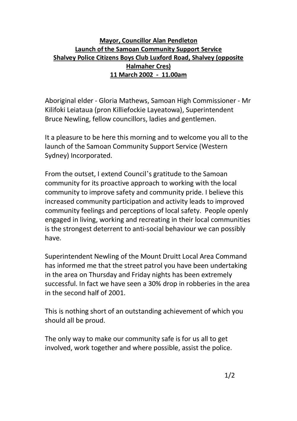 Samoan Community Support Services launch, 2002