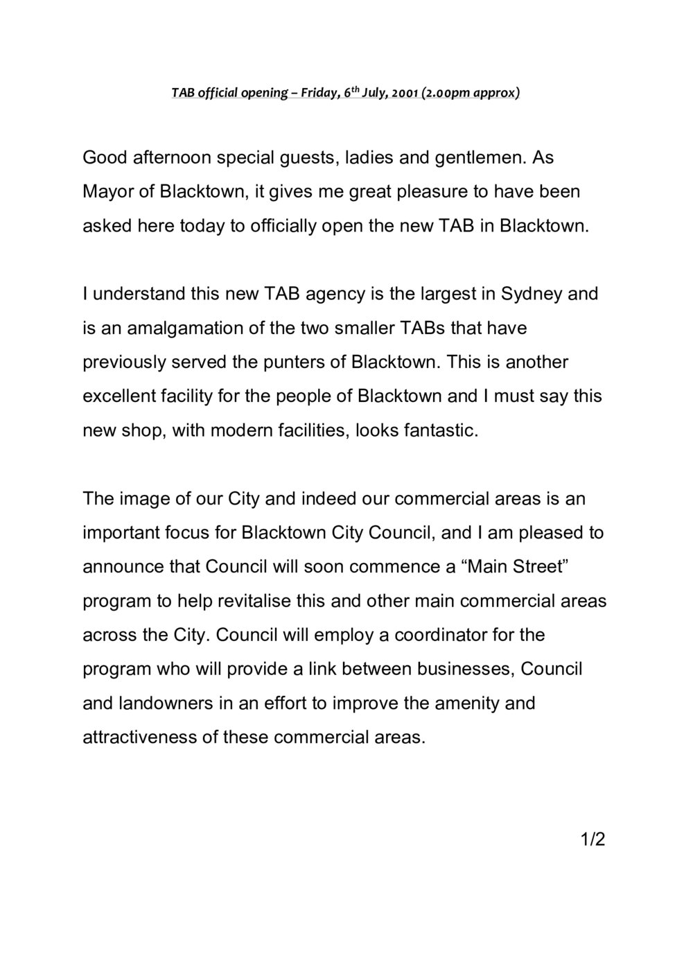 Totaliser Agency Board (TAB), official opening Blacktown, 2001