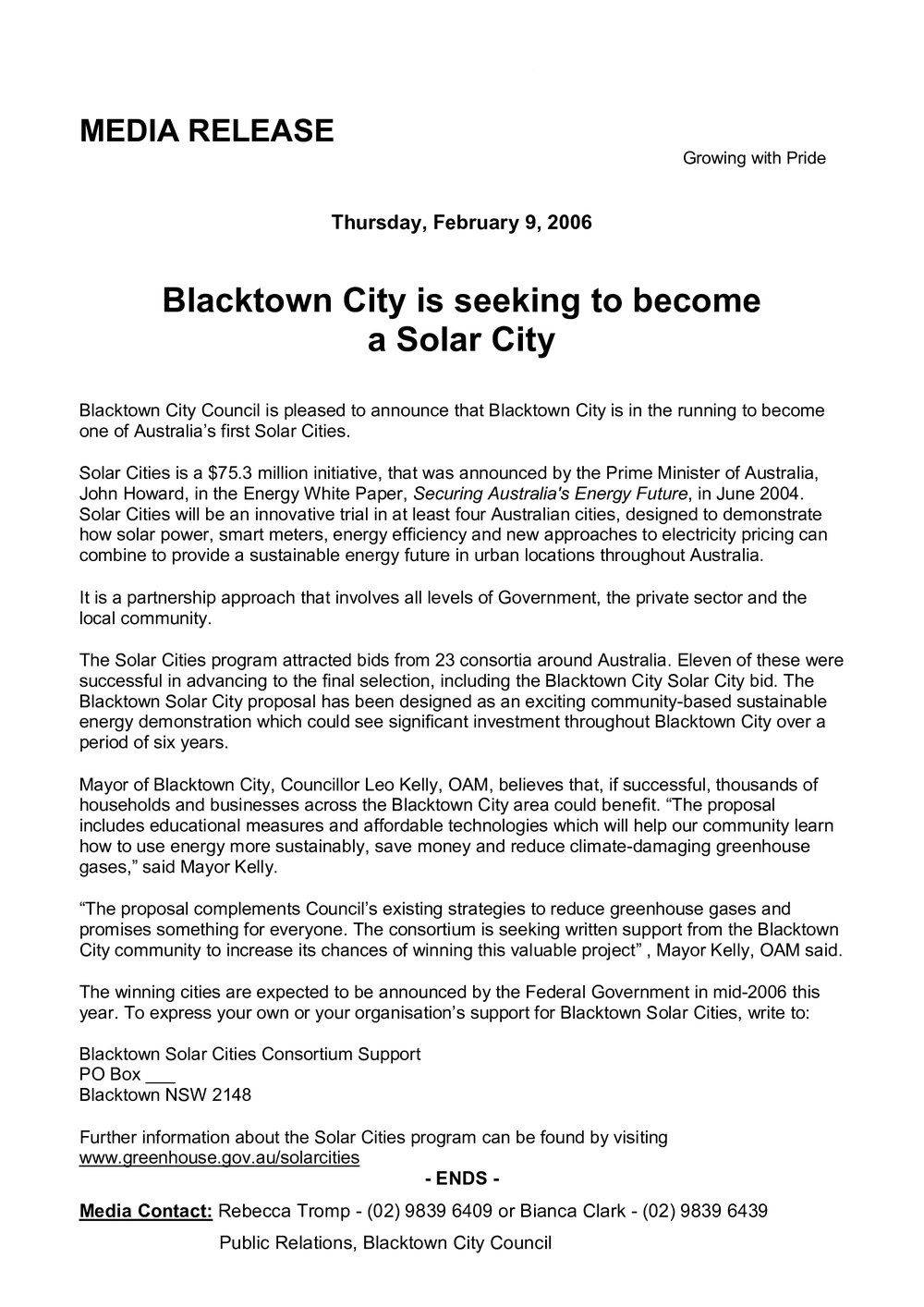 Blacktown City is seeking to become a Solar City, 2006