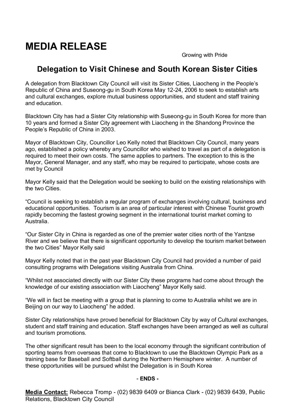 Delegation to visit Chinese and South Korean Sister Cities, 2006