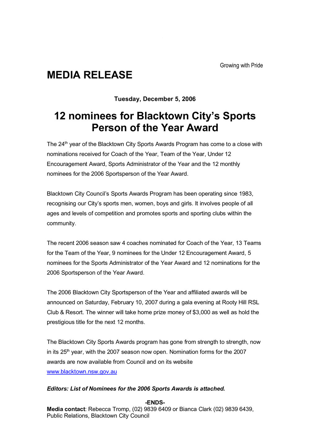 Blacktown City Sports Person of the Year Nominees, 2006