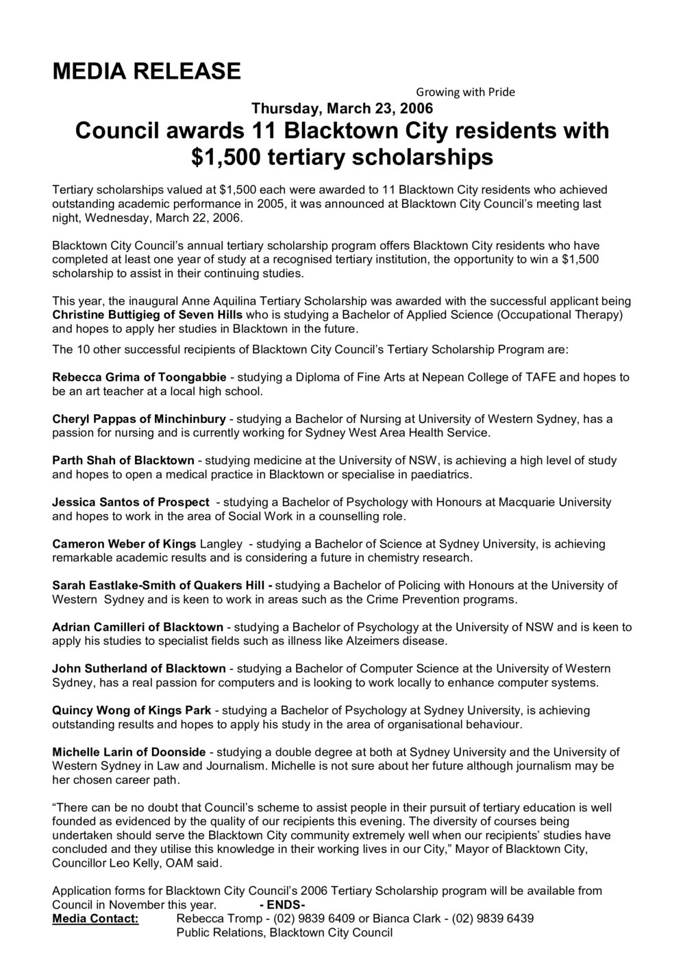Blacktown City Council Tertiary scholarships, 2006 