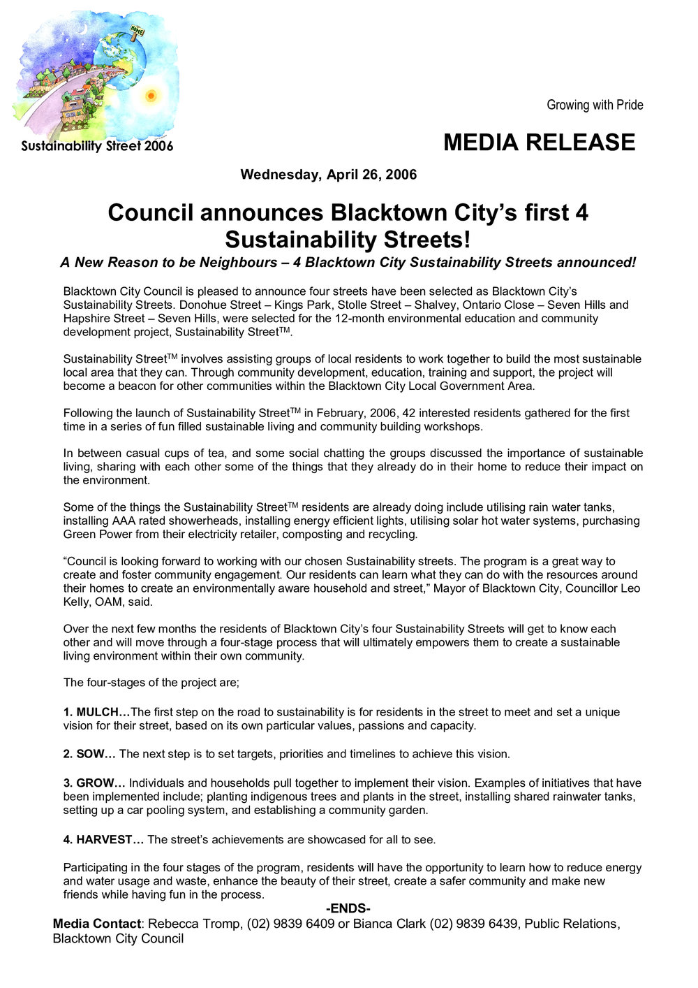 Council announces Blacktown City's first 4 Sustainability Streets, 2006