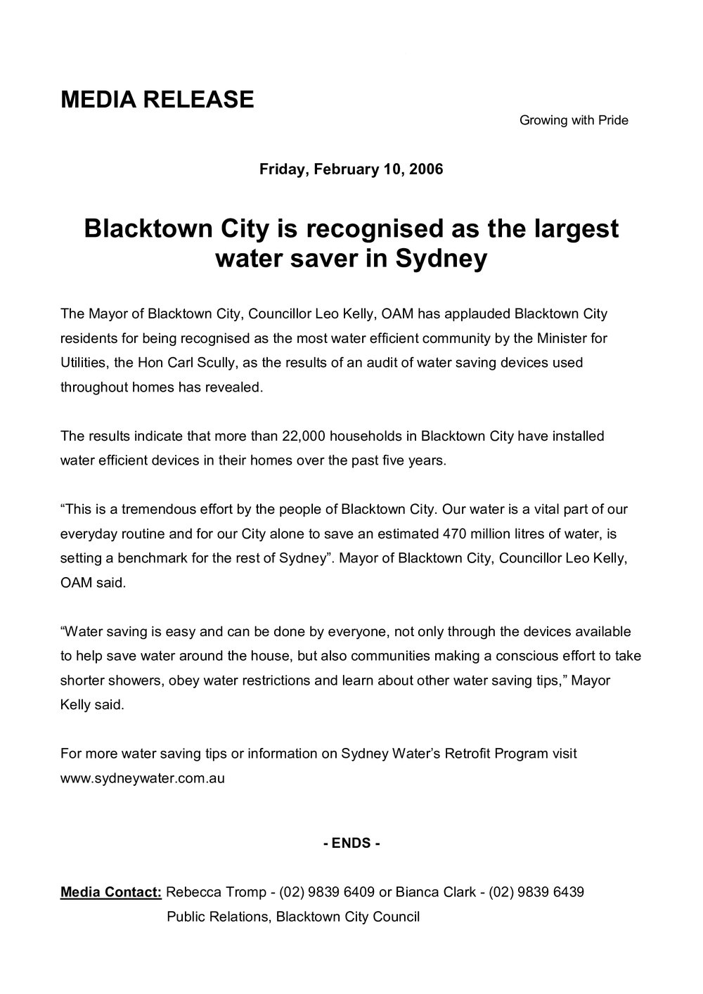 Blacktown City Recognised as Largest Water Saver in Sydney, 2006