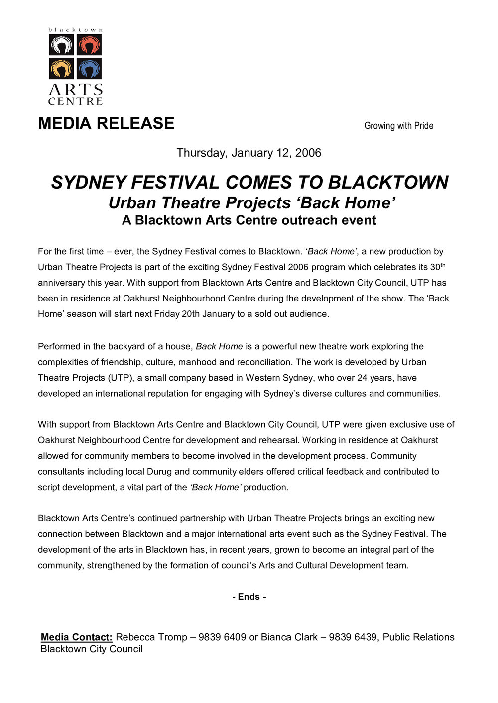 Sydney Festival - Urban Theatre Projects 'Back Home', 2006