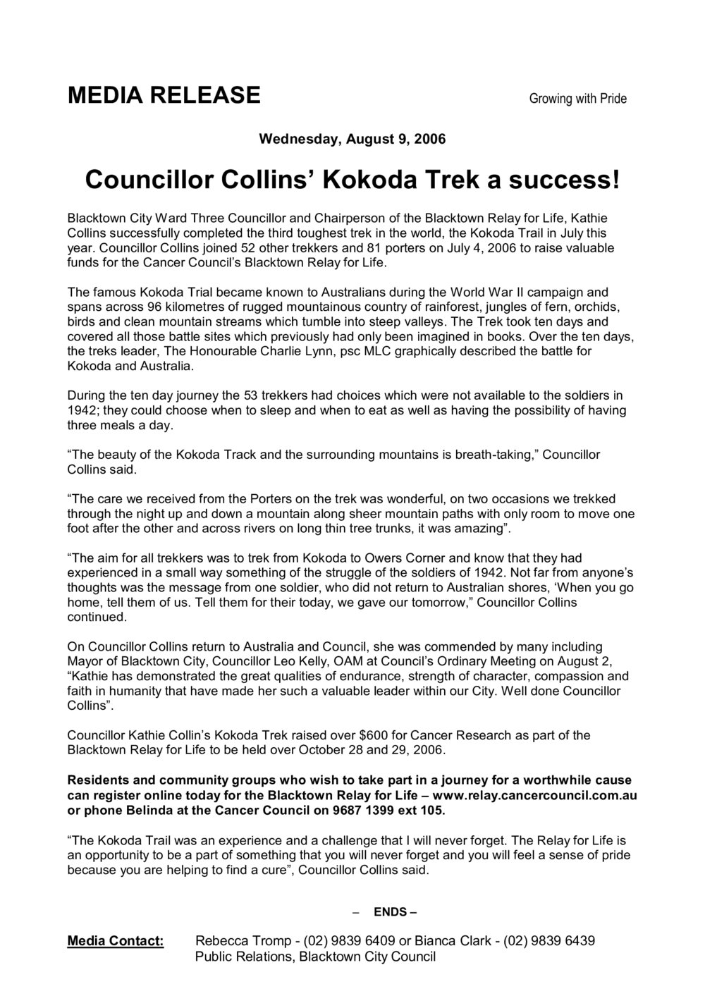 Councillor Collins' Kokoda Trek a success, 2006