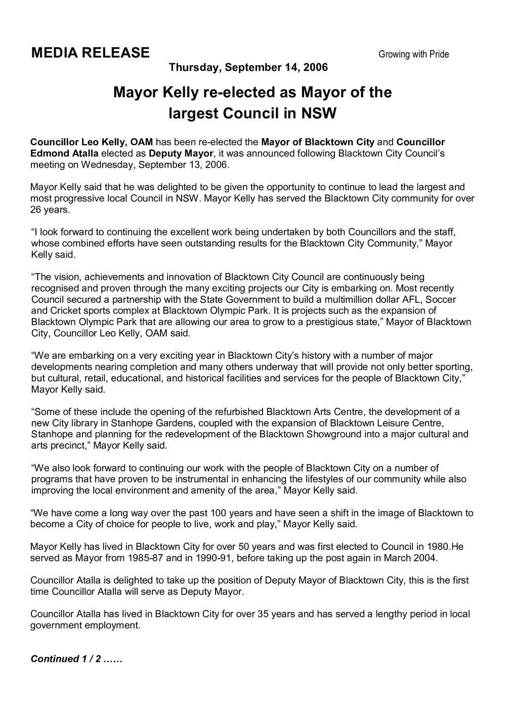 Re-election of Mayor Leo Kelly OAM, 2006