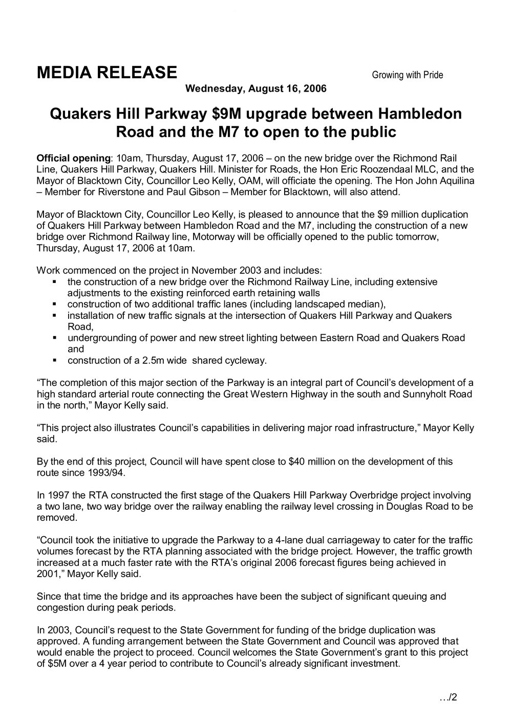 Quakers Hill Parkway upgrade, 2006