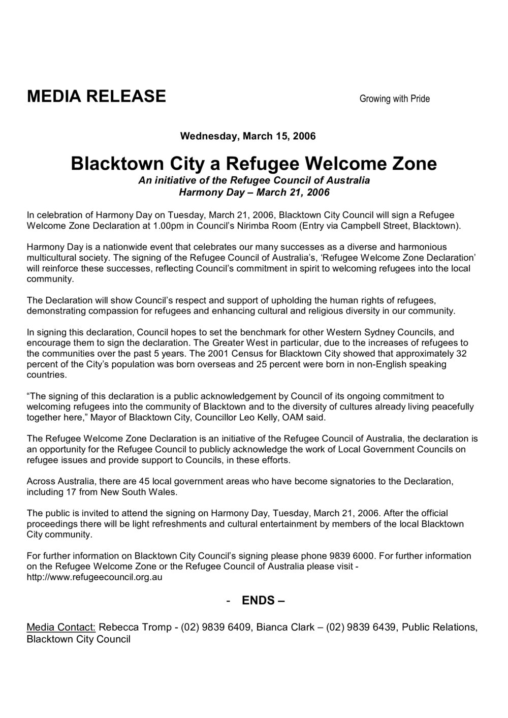 Blacktown City a Refugee Welcome Zone, 2006