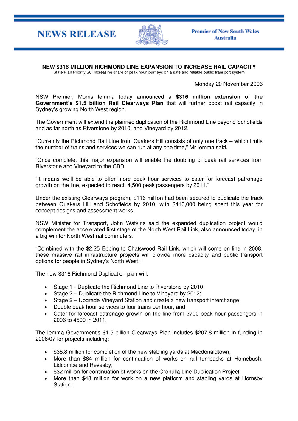 Richmond Railway line expansion, 2006