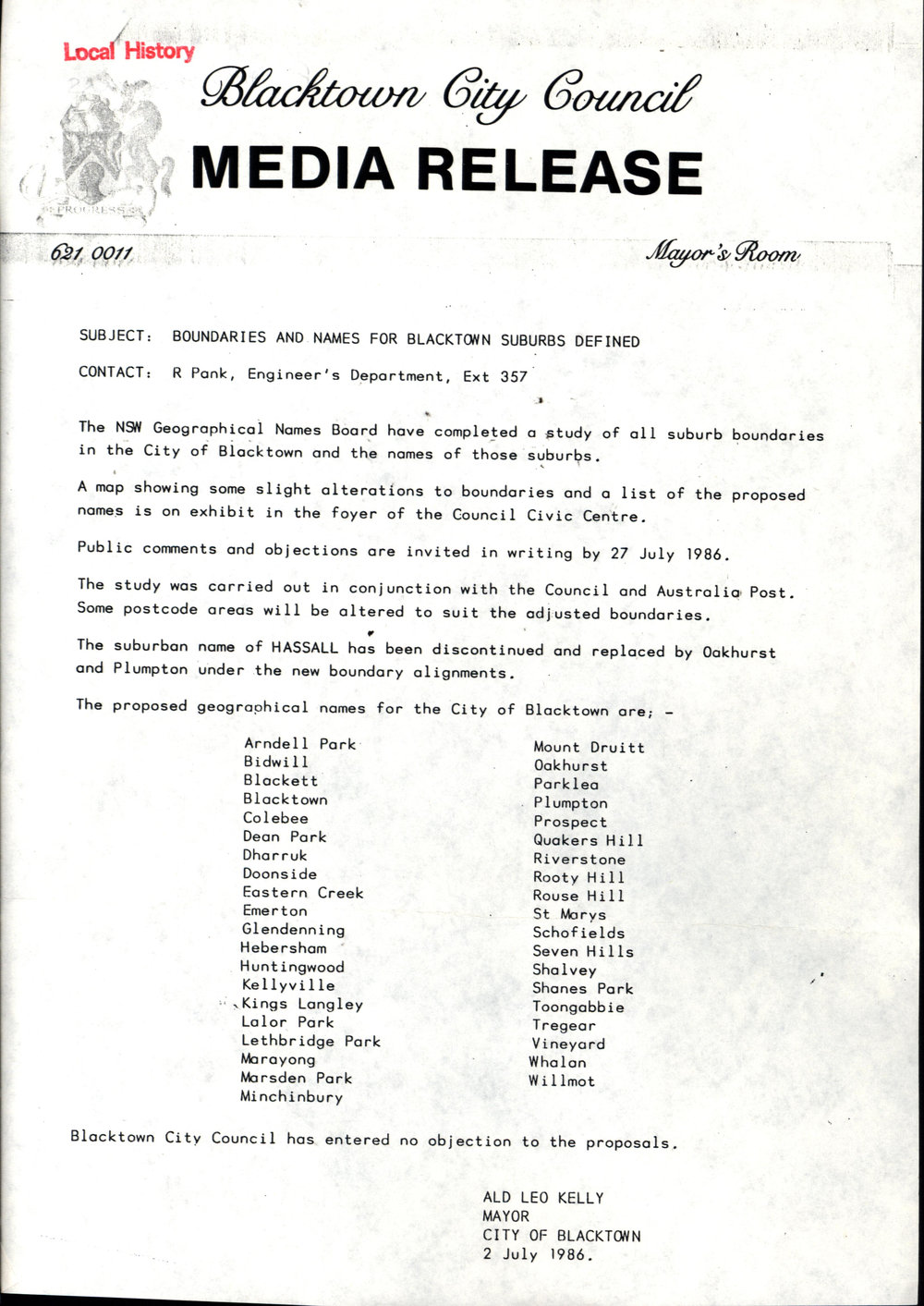 Boundaries and Names for Blacktown Suburbs defined, 1986