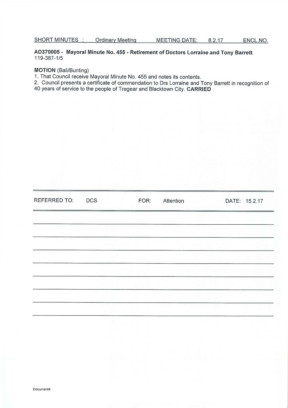 Retirement of Doctors Lorraine and Tony Barrett (Mayoral Minute No. 455), 2017