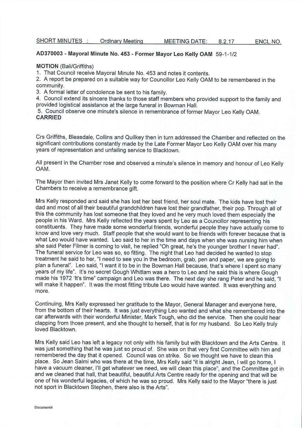 Former Mayor Leo Henry John Kelly OAM (Mayoral Minute No 453), 2017