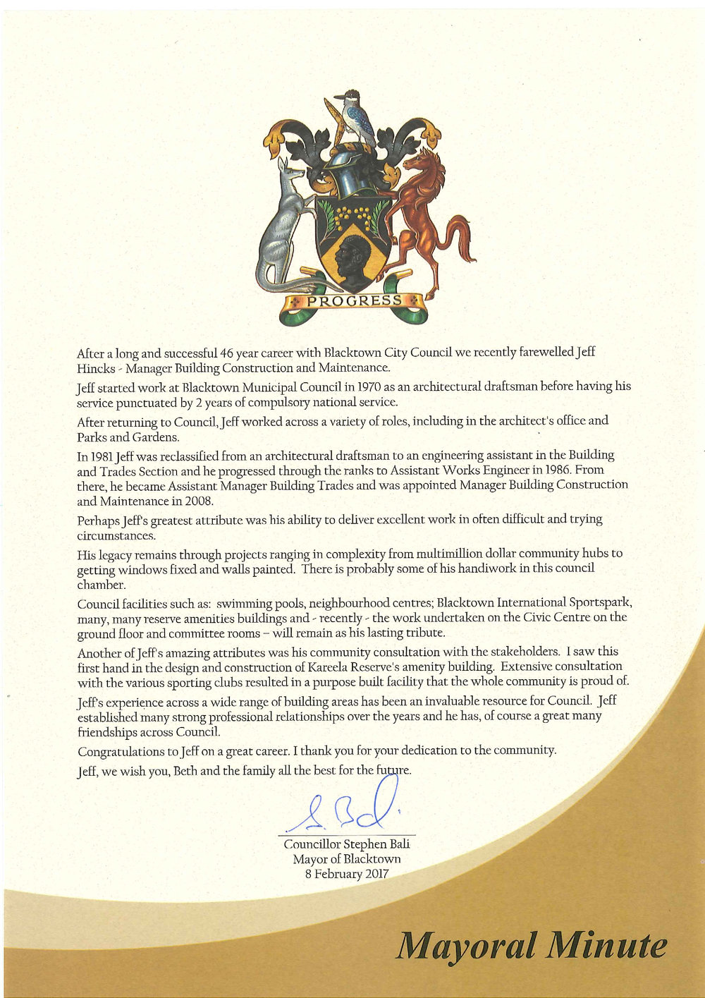 Jeff Hincks, (Mayoral Minute), 2017