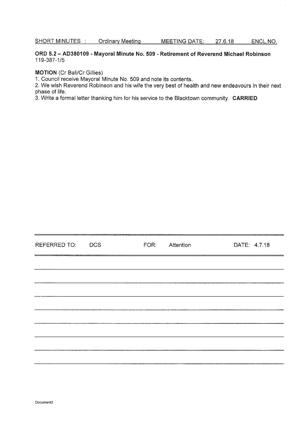 Retirement of Reverend Michael Robinson (Mayoral Minute No 509)