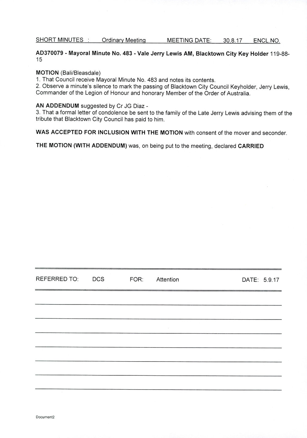 Jerry Lewis AM (Mayoral Minute No 483), 2017