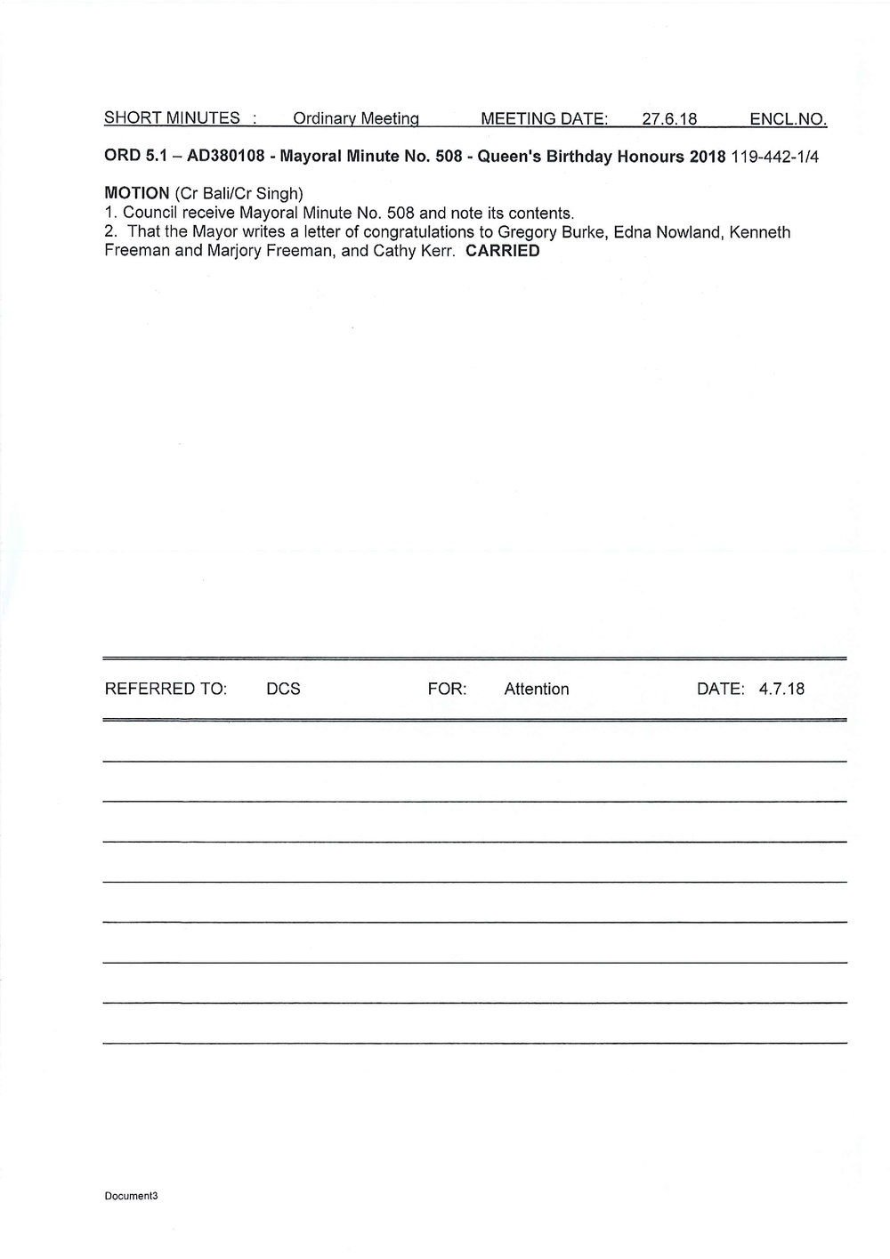 Queen's Birthday Honours (Mayoral Minute No 508), 2018