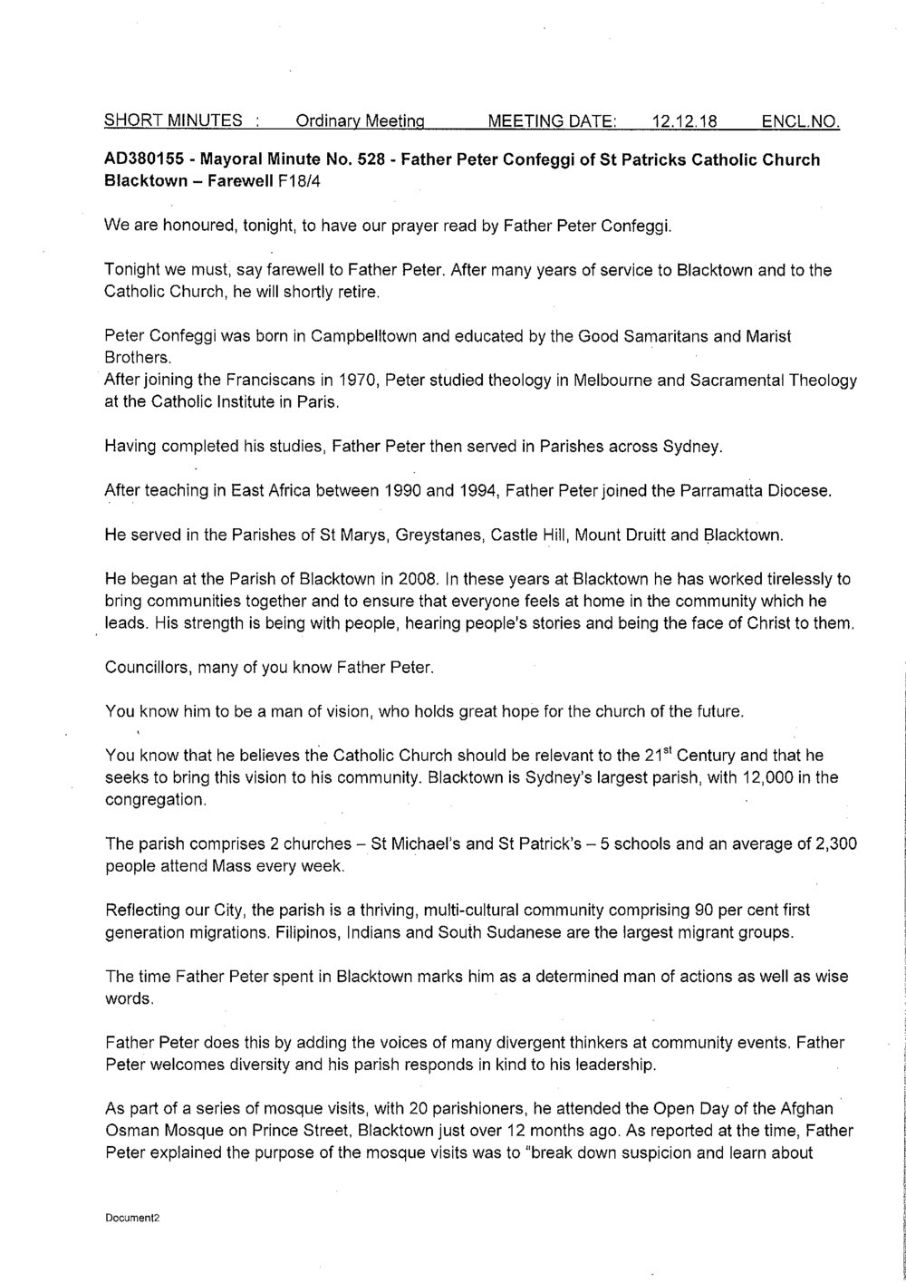 Father Peter Confeggi, St Patricks Catholic Church Farewell (Mayoral Minute No 528), 2018