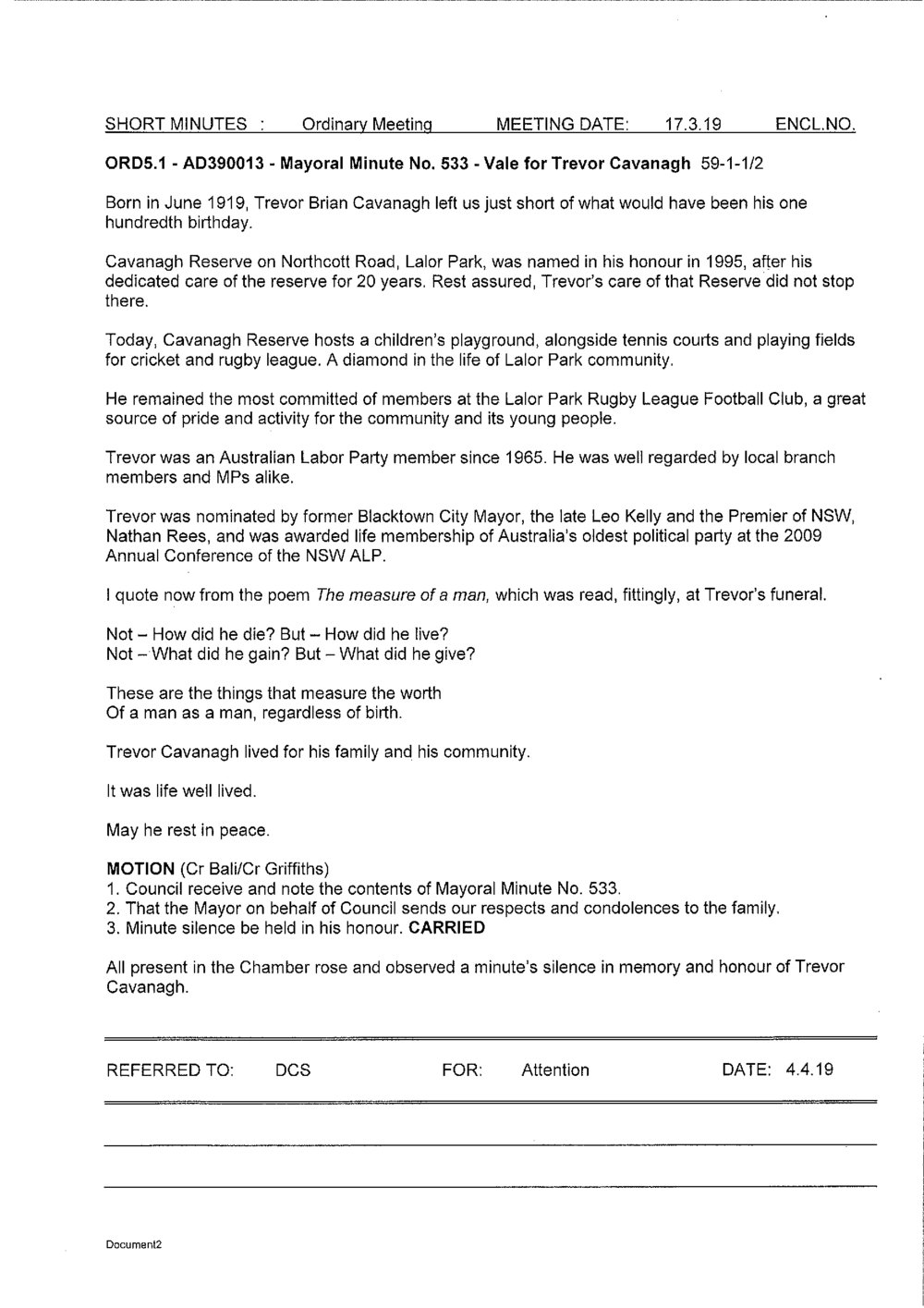 Vale for Trevor Cavanagh (Mayoral Minute No 533), 2019