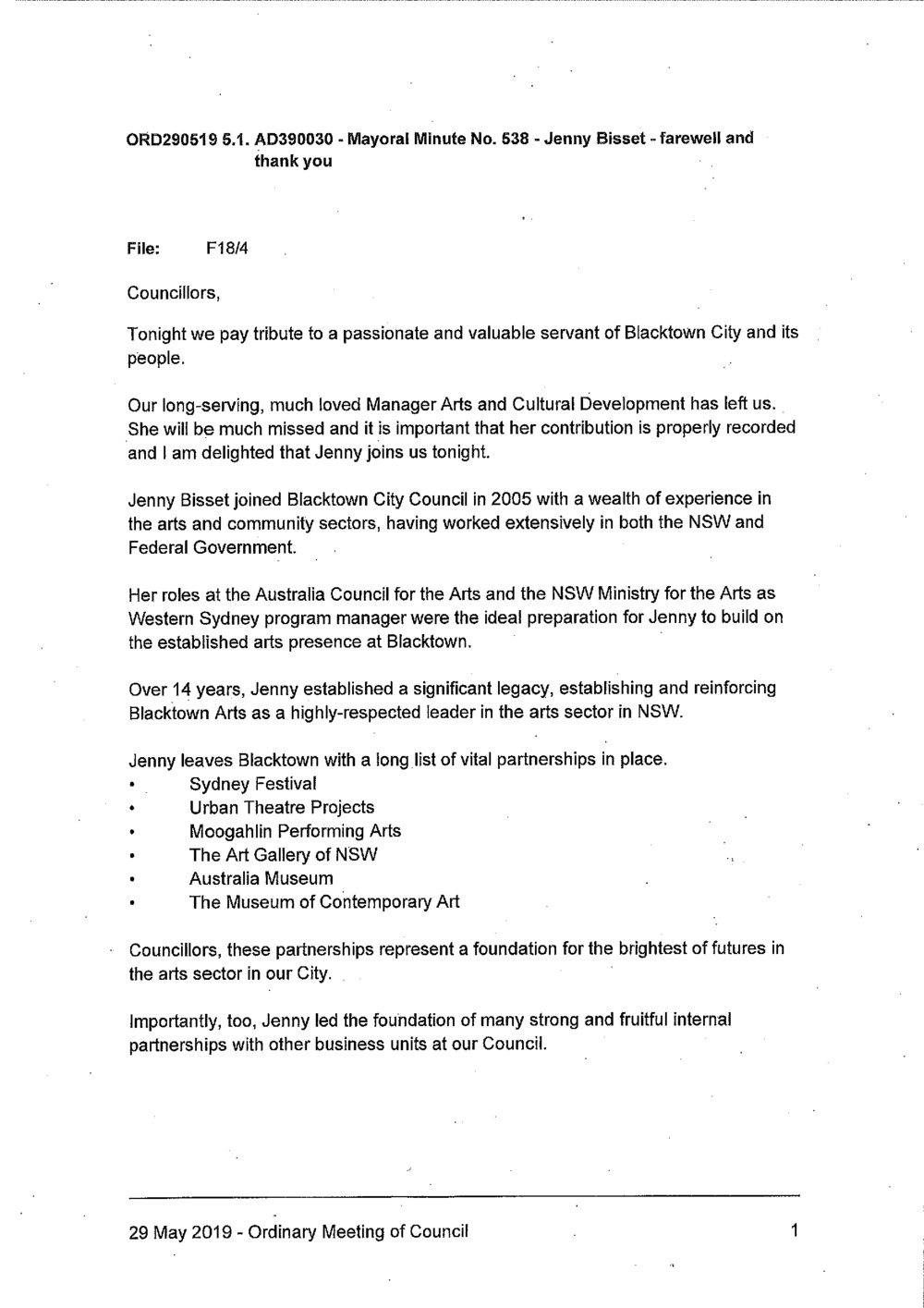 Jenny Bissett (Mayoral Minute No 538), 2019