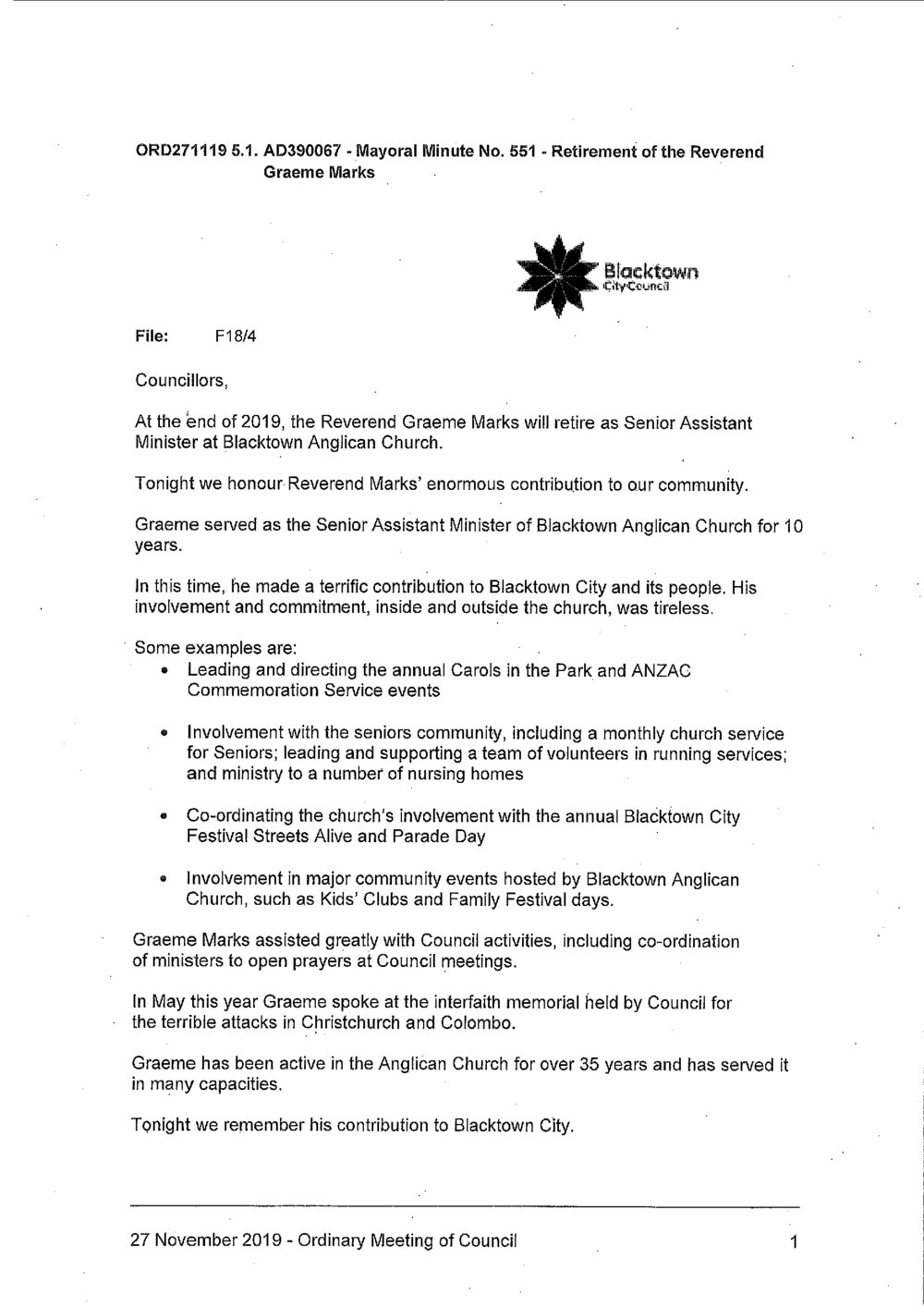 Reverend Graeme Marks (Mayoral Minute No 551), 2019