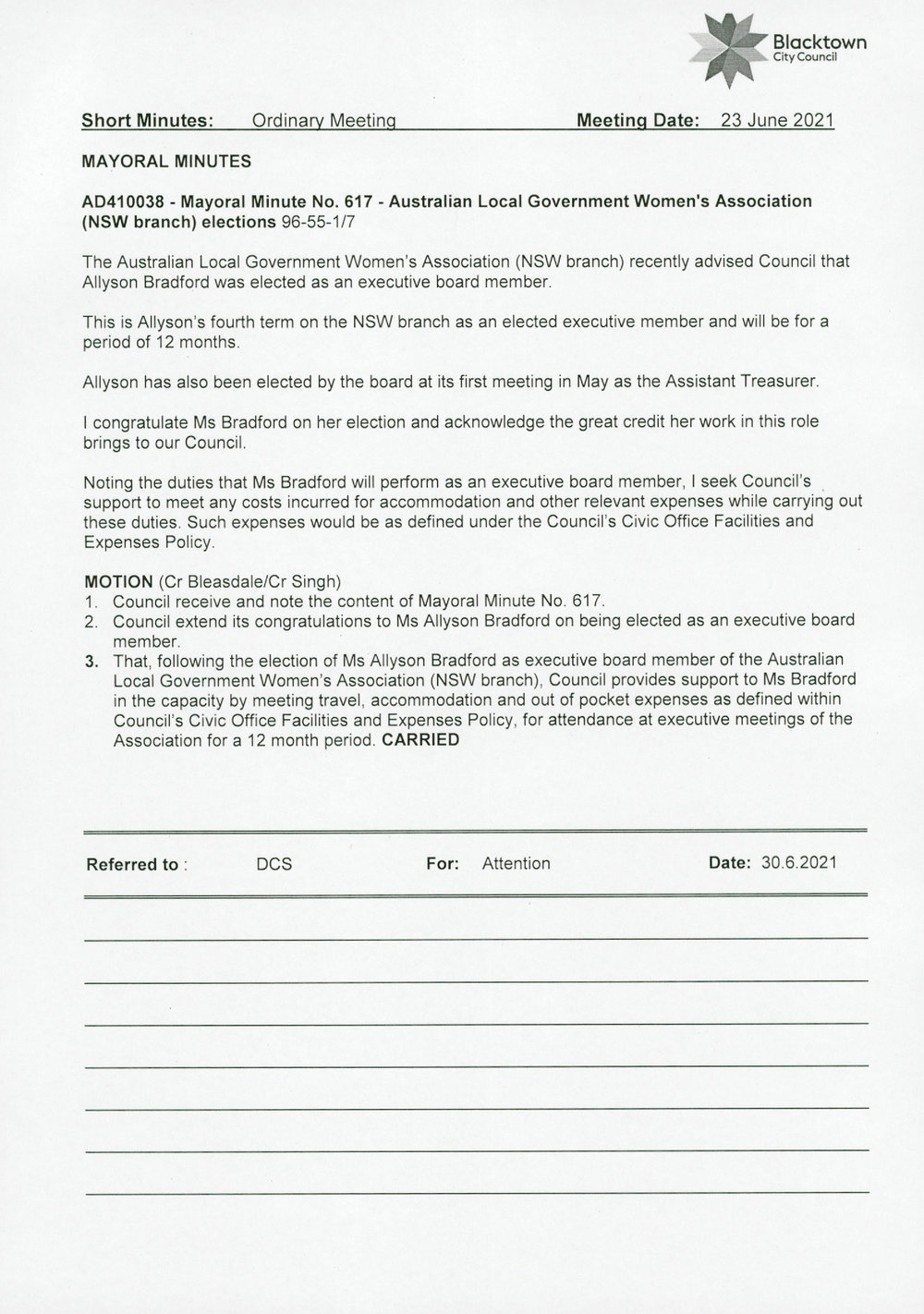 Allyson Bradford - re-election to ALGWA NSW Executive Board (Mayoral Minute No 617), 2021