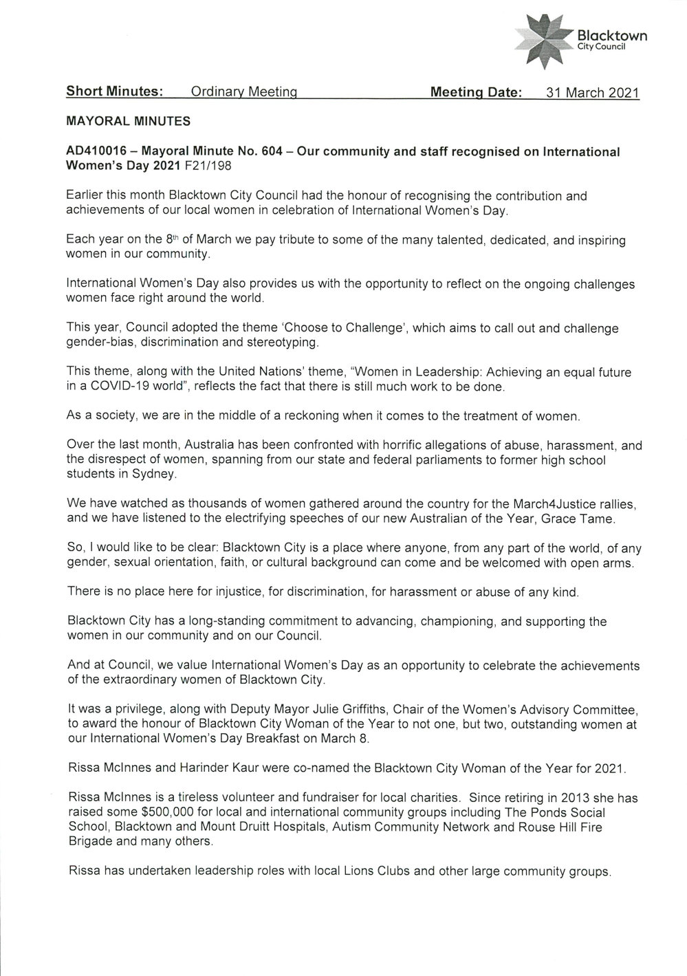 International Women's Day Awards (Mayoral Minute No 604), 2021