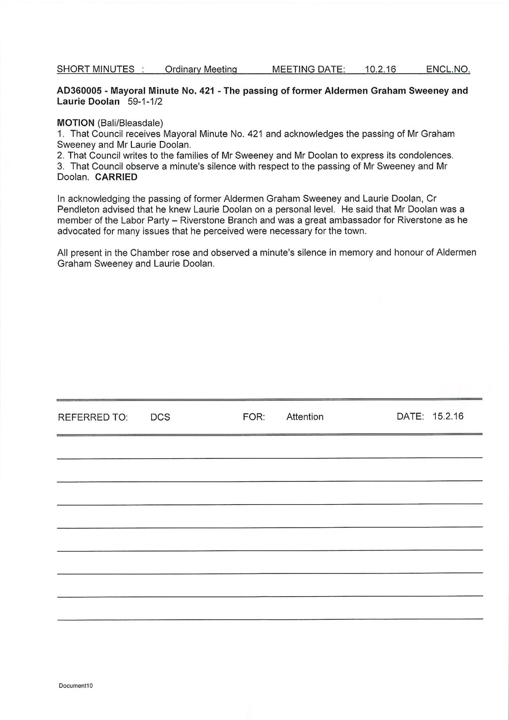 The Passing of former Aldermen Graham Sweeney and Laurie Doolan (Mayoral Minute No 421), 2016