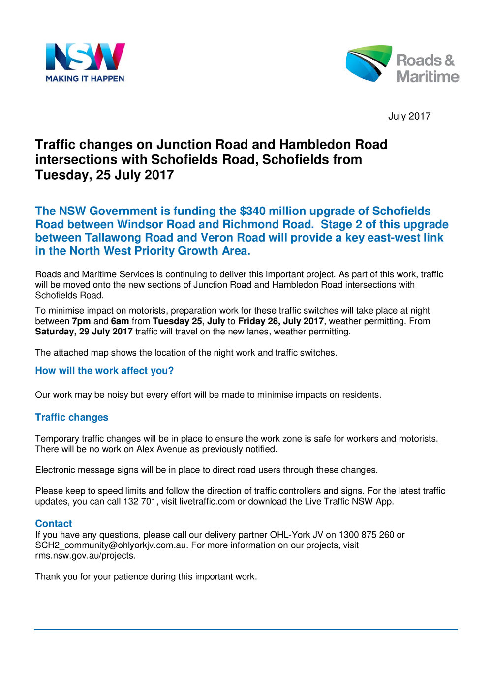 Traffic changes Junction Road and Hambledon Road Schofields, 2017