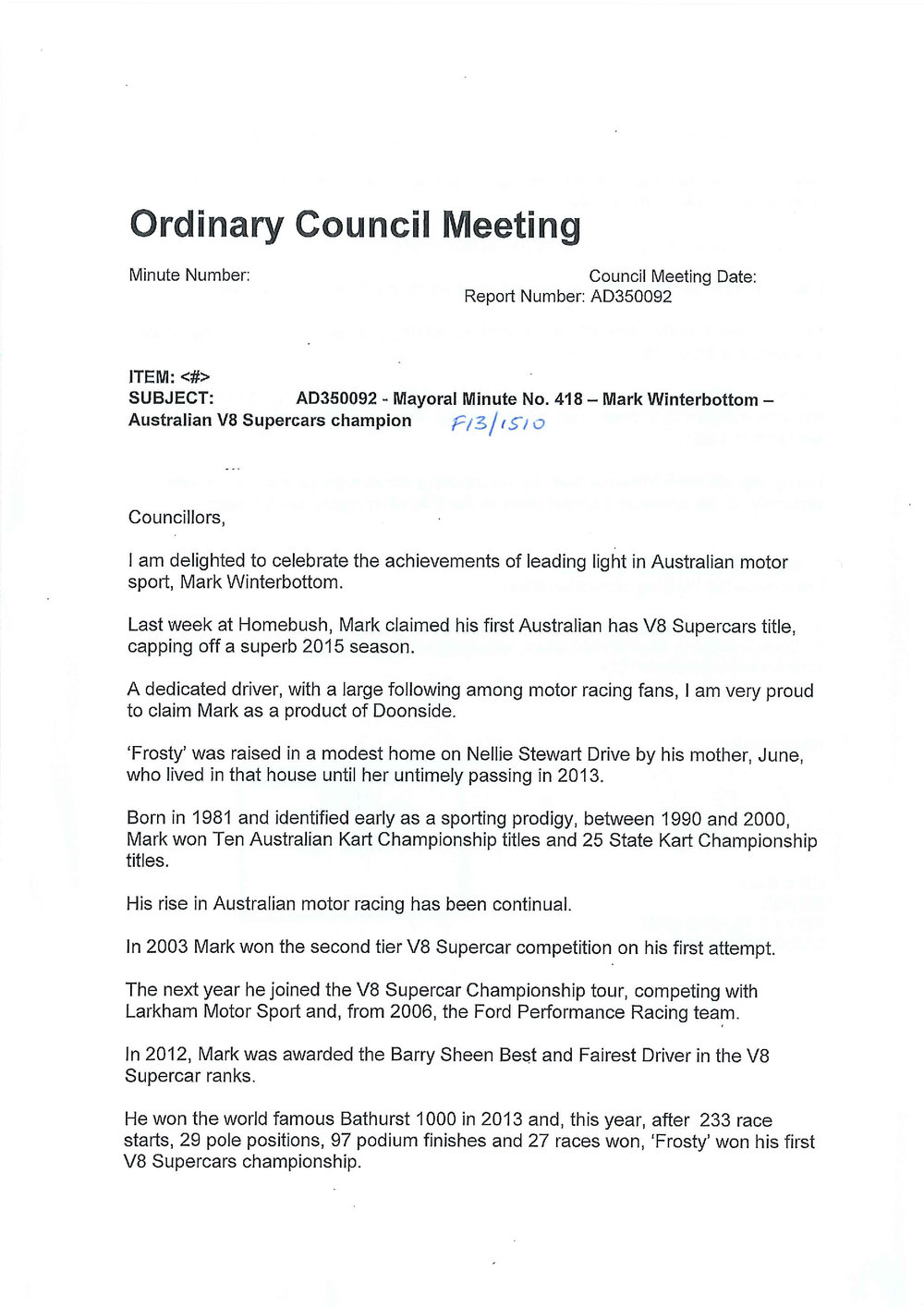 Mark Winterbottom (Mayoral Minute No 418), 2015