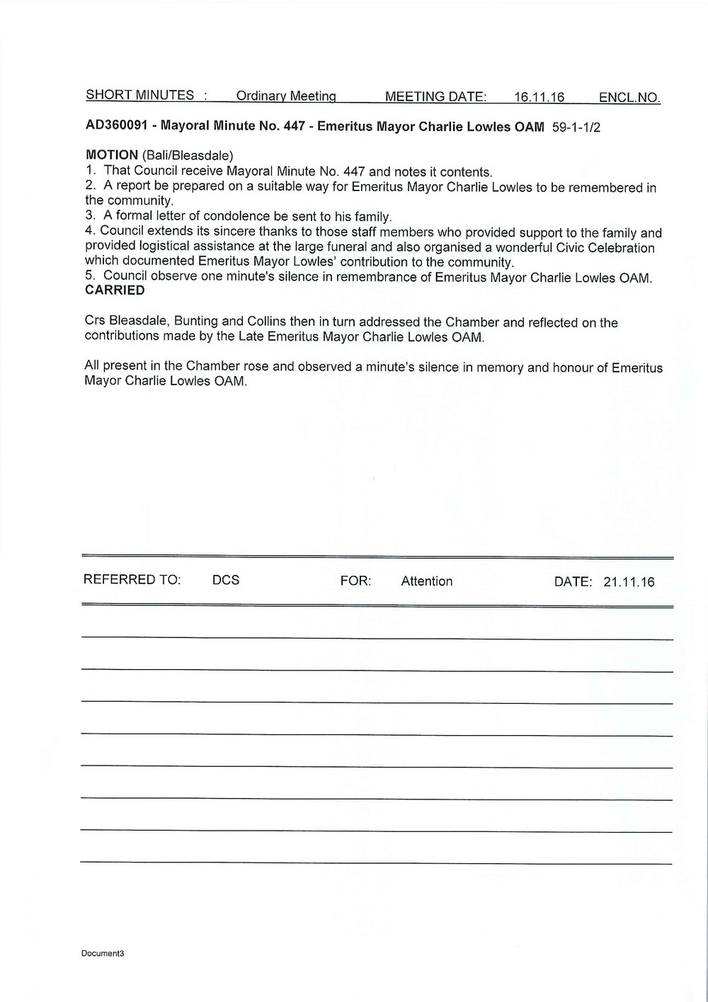 Emeritus Charlie Lowles, OAM (Mayoral Minute No 447), 2016