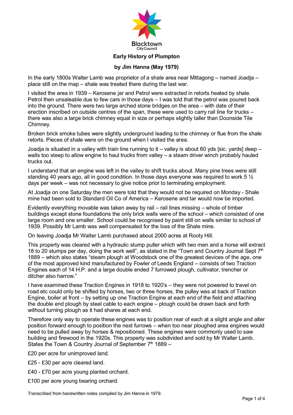 Early History of Plumpton transcript, Jim Hanna, 1979