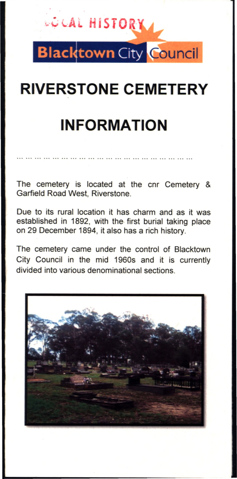 Riverstone Cemetery information, 2011