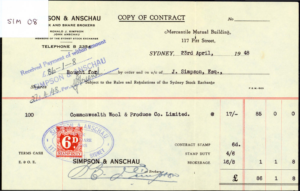 Copy of Contract for Purchase of Shares, 1948