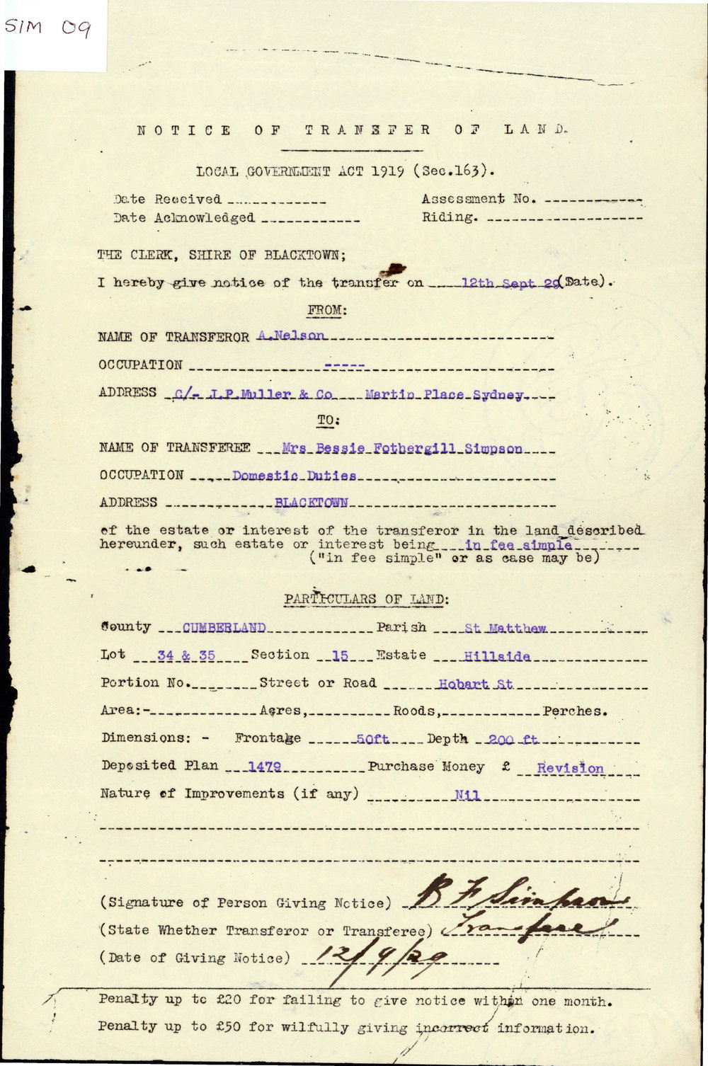 Notice of Transfer of Land, Parish of St Matthew, County of Cumberland, 1929