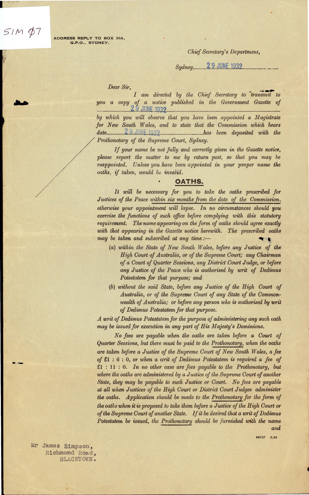 Appointment as a Justice of the Peace, 1932