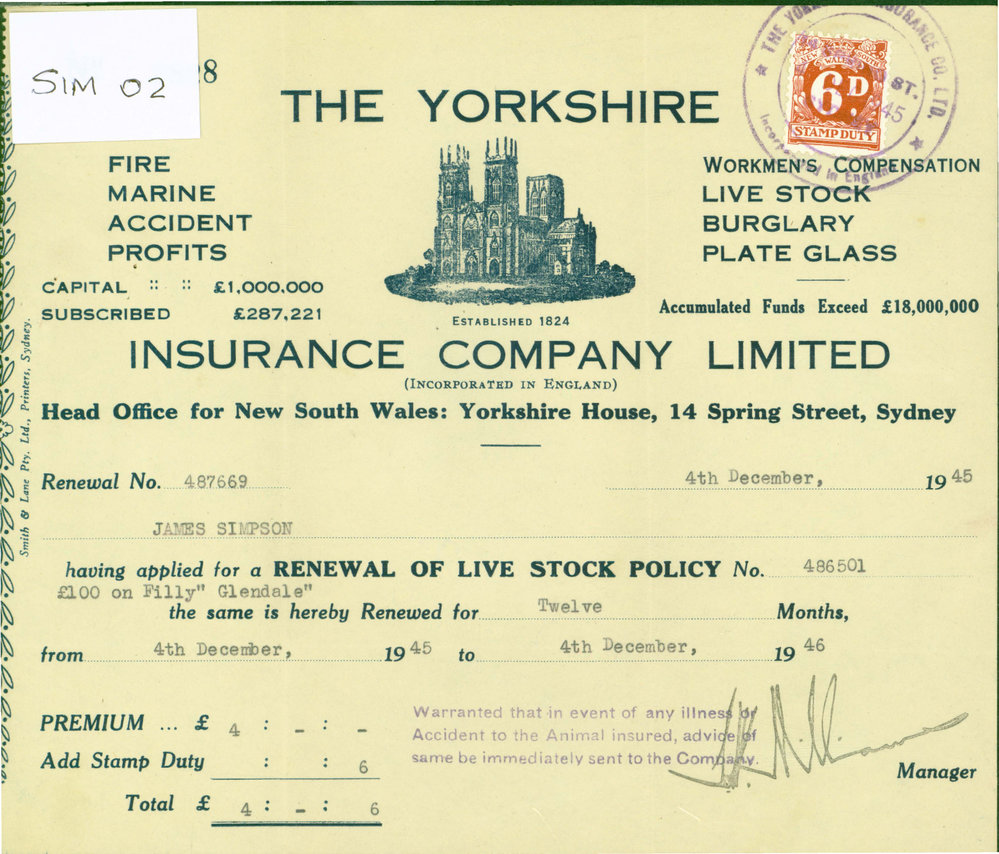Renewal of Live Stock Policy, 'Glendale' filly, 1945