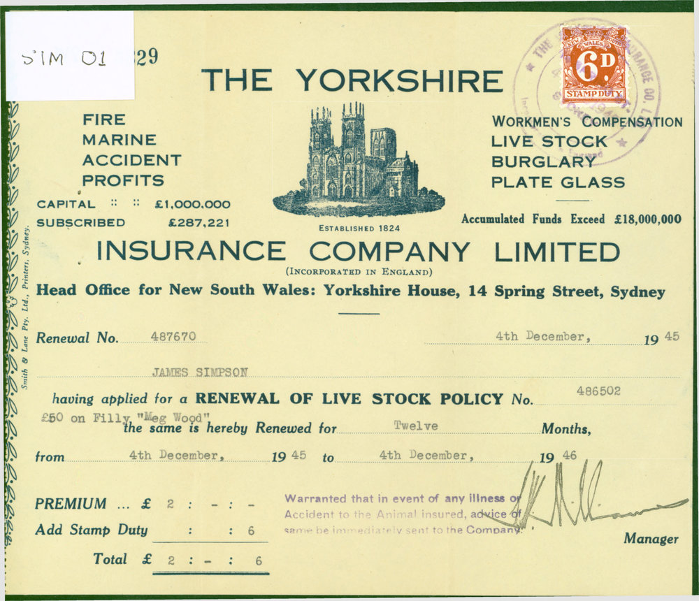 Renewal of Live Stock Policy, 'Meg Wood' filly, 1945