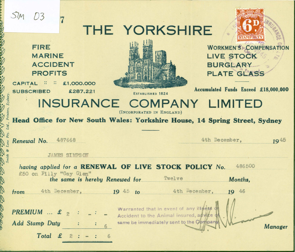 Renewal of Live Stock Policy, 'Gay Glen', 1945