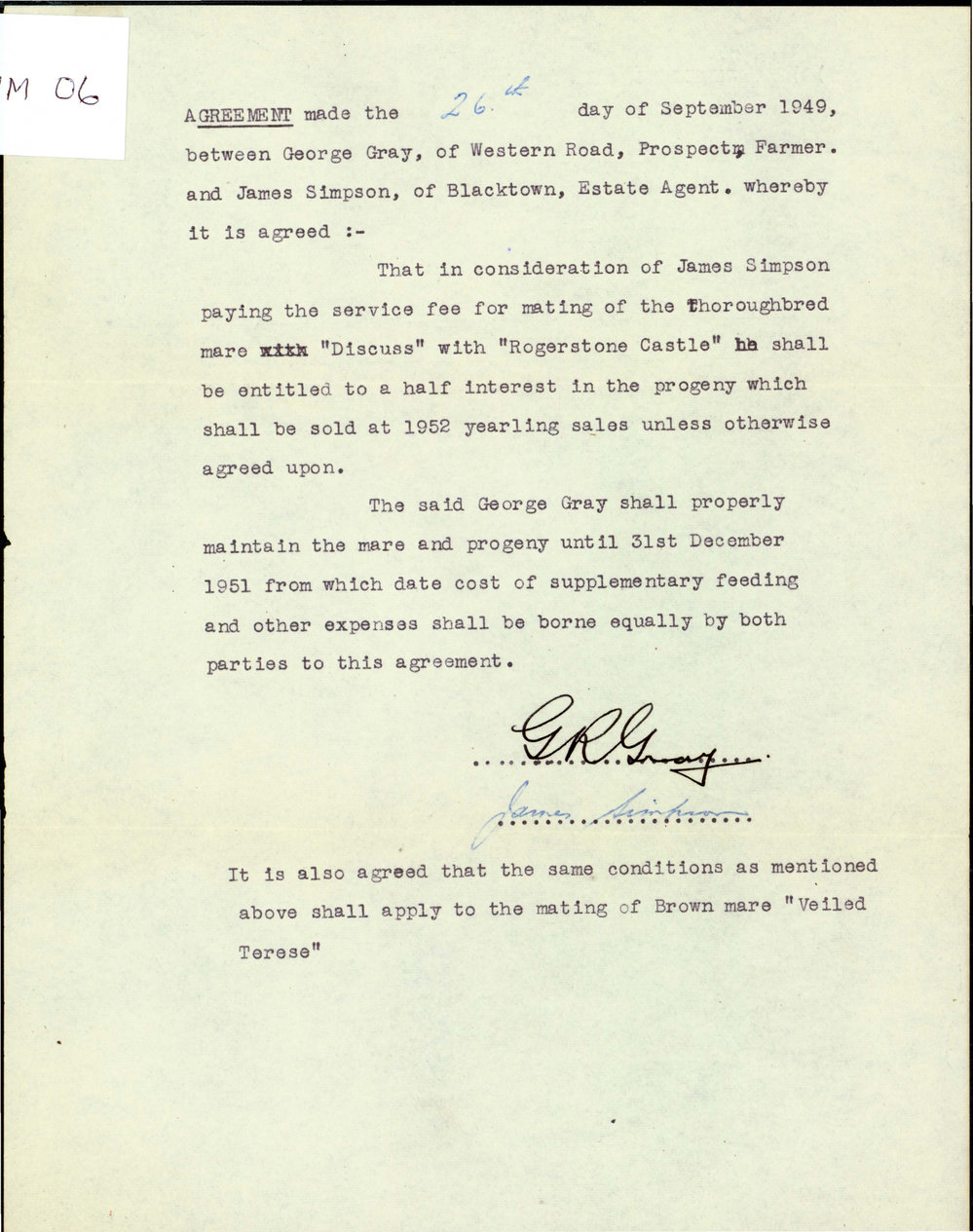 Agreement to Mate Thoroughbred Mare "Discuss" and "Veiled Therese" with Rogerstone Castle", 1949
