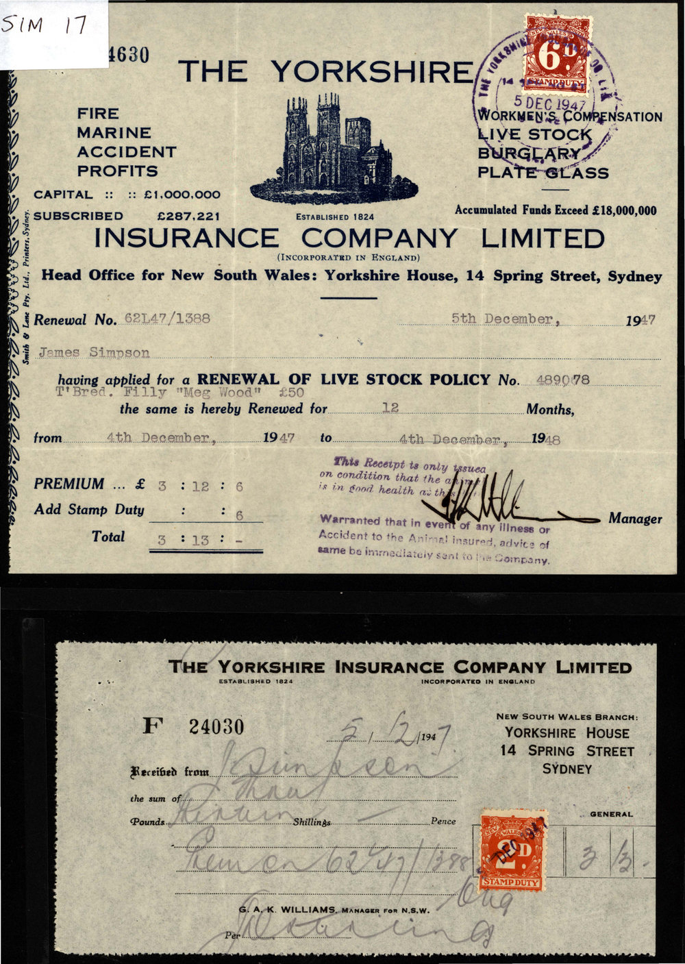 Renewal of Live Stock Policy, 'Meg Wood' filly, 1947