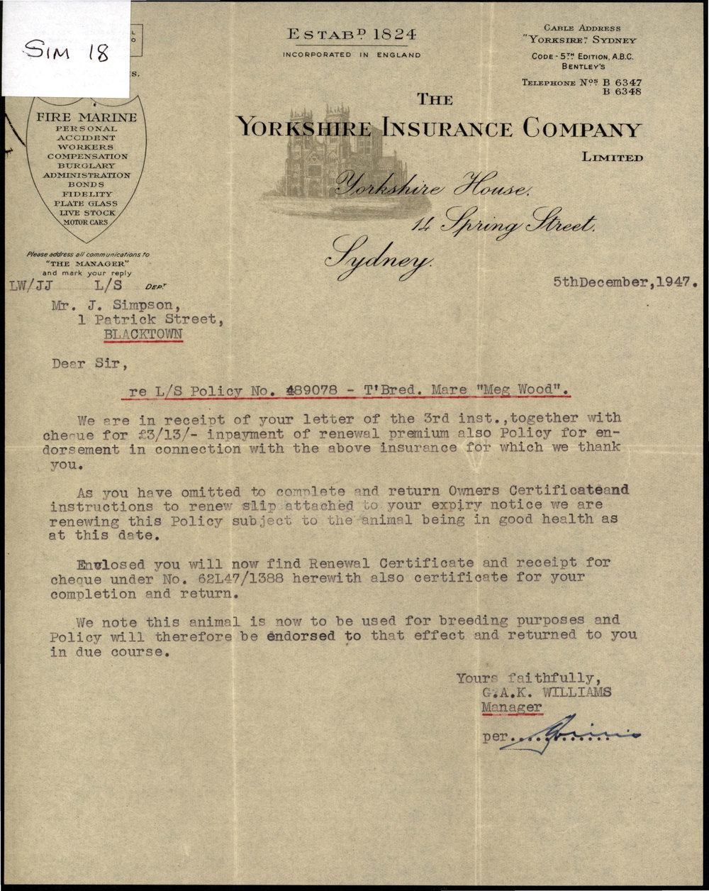 Renewal of Live Stock Policy, 'Meg Wood' filly, Dec 1947