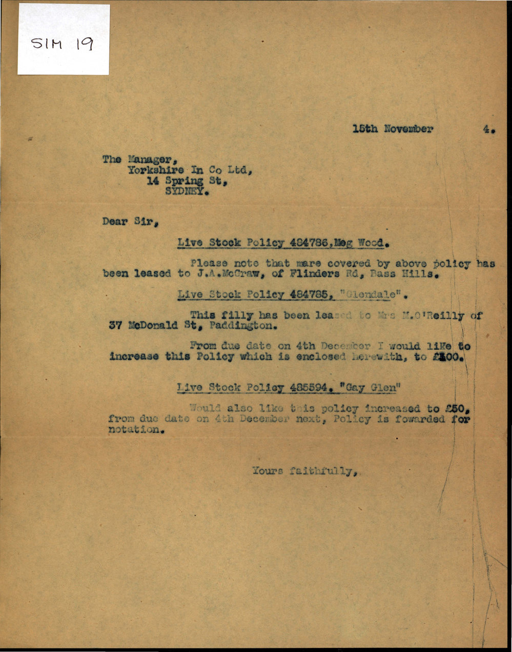 Letter - Renewal of Live Stock Insurance Policy, 1944