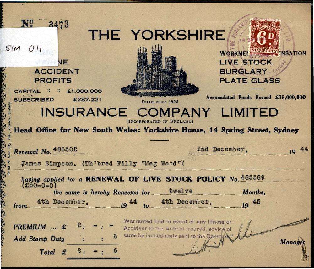 Renewal of Live Stock Policy, 'Meg Wood',  filly, 1944